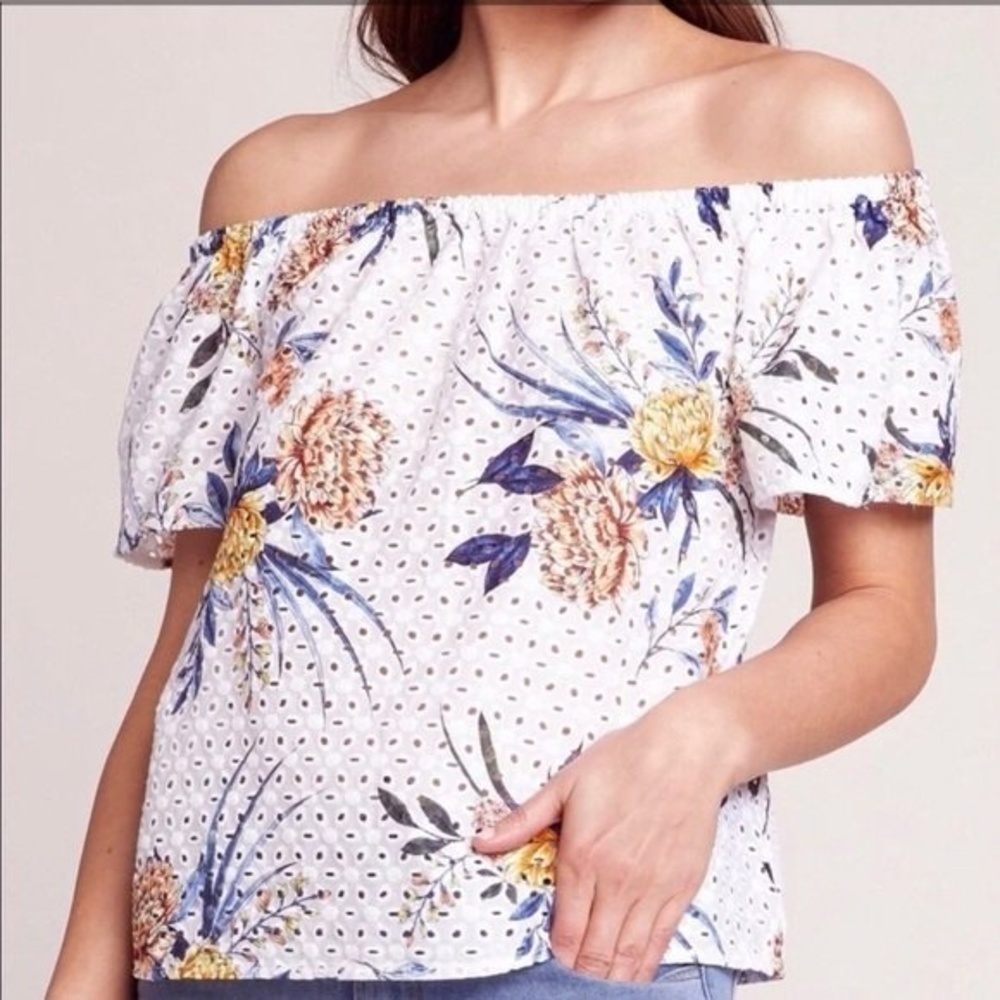 BB Dakota 100% Cotton Floral Print Eyelet Peplum Off The Shoulder Blouse Small